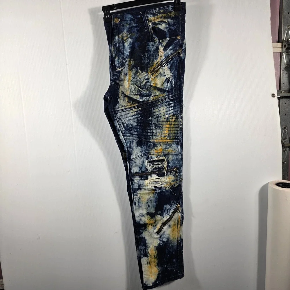 Krome New York Mens 42x32 Moto Biker Jean Acid Wash Distressed Blue Yellow Splat